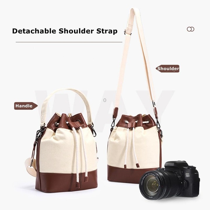 Cwatcun D100 Canvas PU Waterproof Bundle Drawstring Lens Bag Crossbody Camera Bag, Size:20 x 11 x 26cm(Beige)