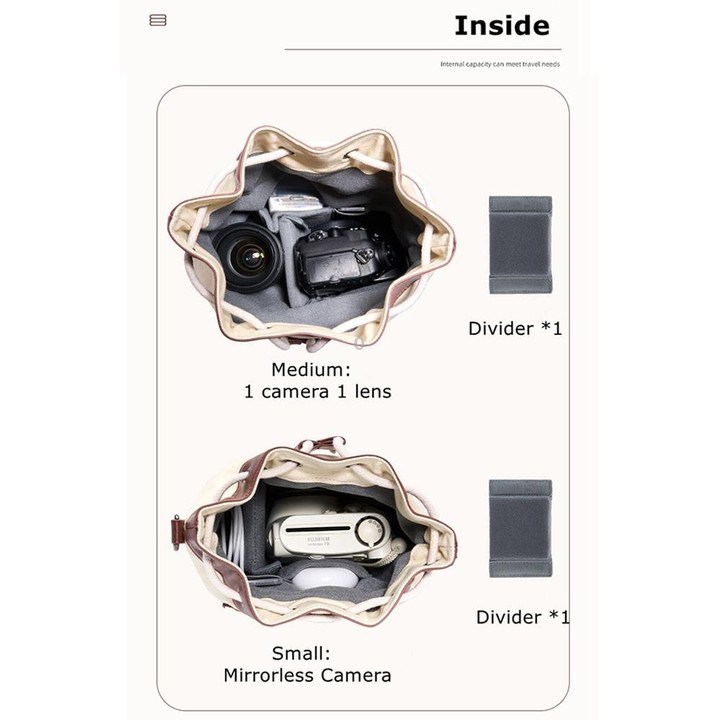 Cwatcun D100 Canvas PU Waterproof Bundle Drawstring Lens Bag Crossbody Camera Bag, Size:20 x 11 x 26cm(Beige)