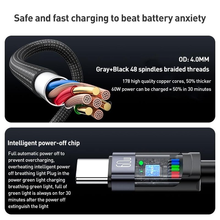 YESIDO CA160 1.2m 60W USB-C / Type-C to Type-C Auto Power-off Charging Cable(Black)