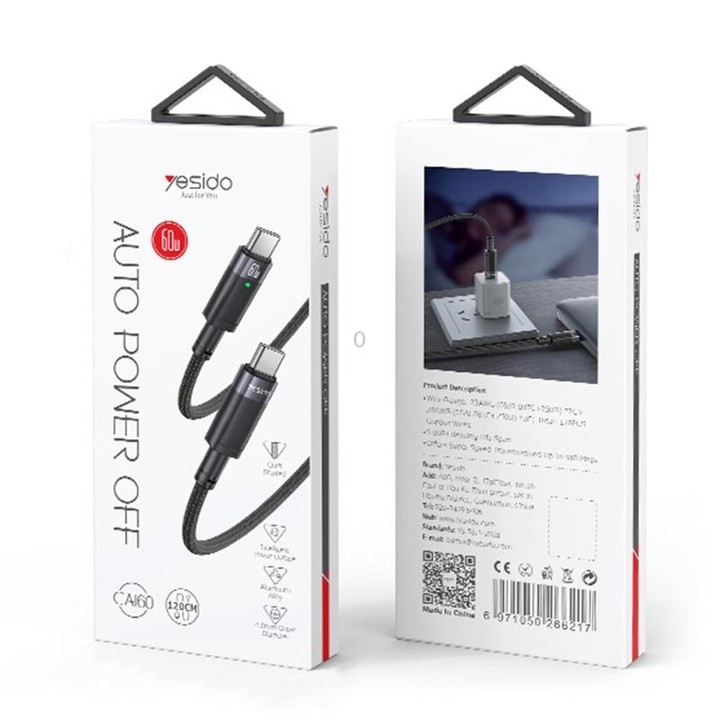 YESIDO CA160 1.2m 60W USB-C / Type-C to Type-C Auto Power-off Charging Cable(Black)