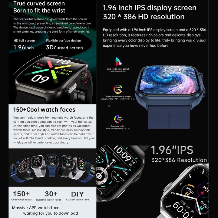 NX15 Smart Watch, 1.96 inch, BT Call / Heart Rate / Blood Pressure / Blood Oxygen(Blue)