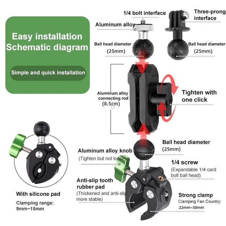 RUIGPRO Crab Clamp Action Camera Bracket 3-claw Ball Head Mount