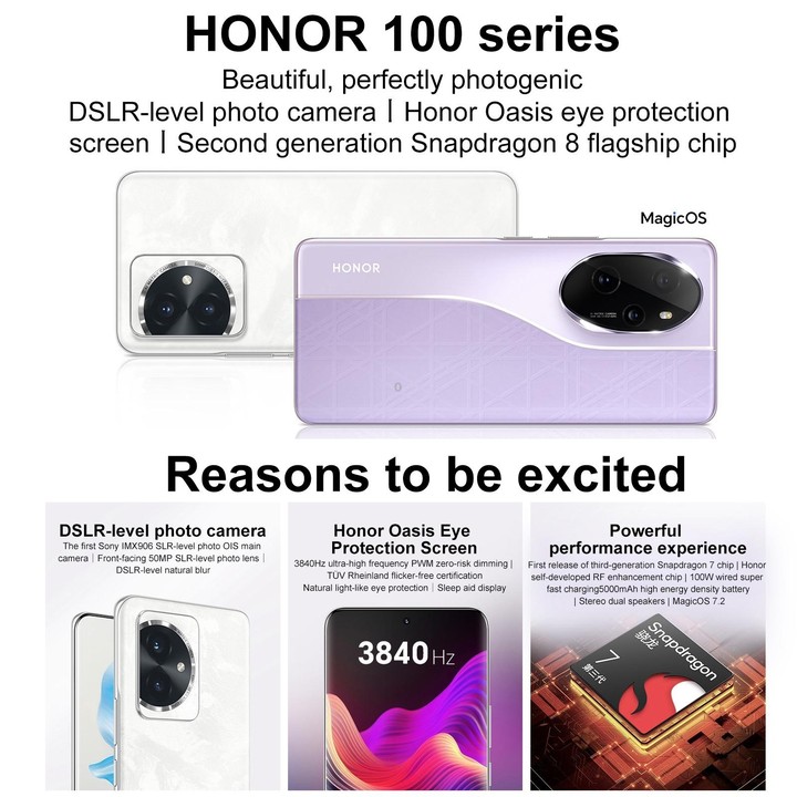 Honor 100, 16GB+256GB, Screen Fingerprint Identification, 6.7 inch MagicOS 7.2 Snapdragon 7 Gen 3 Octa Core up to 2.63GHz, Netwo