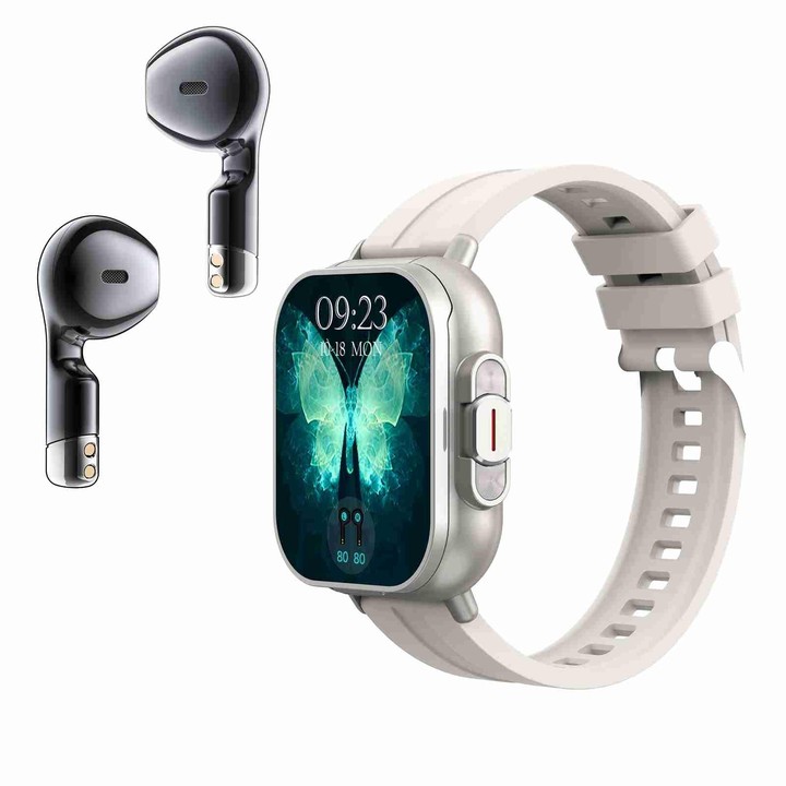 D8 2.01 inch 2 in 1 Bluetooth Earphone Silicone Band Smart Watch, Support Health Monitoring / NFC(Beige)