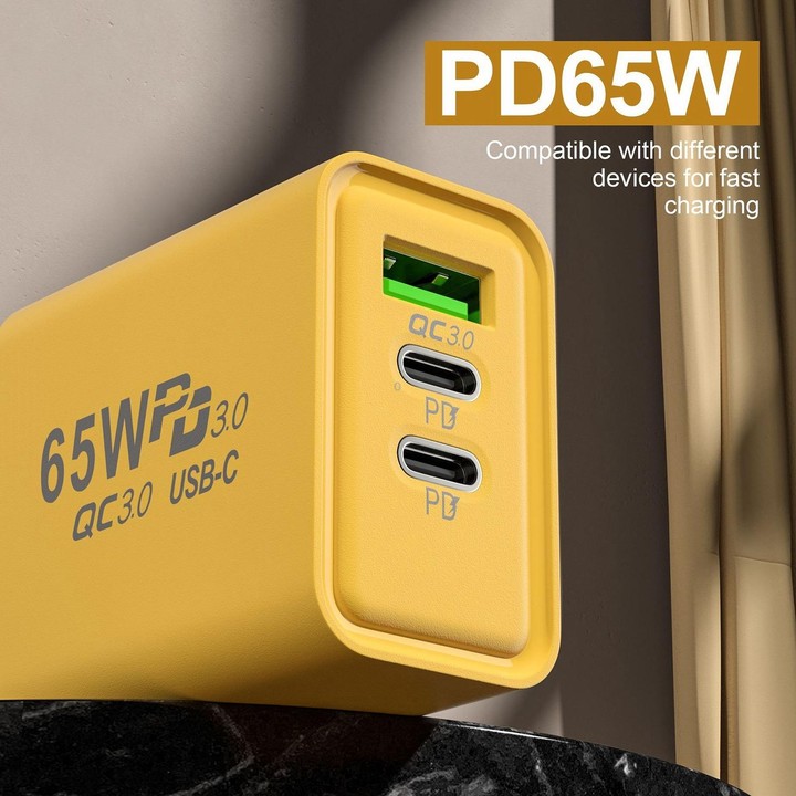 65W Gallium Nitride USB + Type-C Fast Charging Charger, Plug Type:US Plug(Yellow)