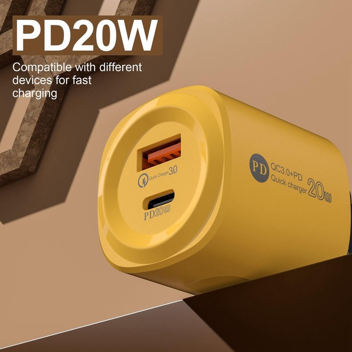 PD20W Type-C + USB QC3.0 Charging Charger, Plug Type:US Plug(Yellow)