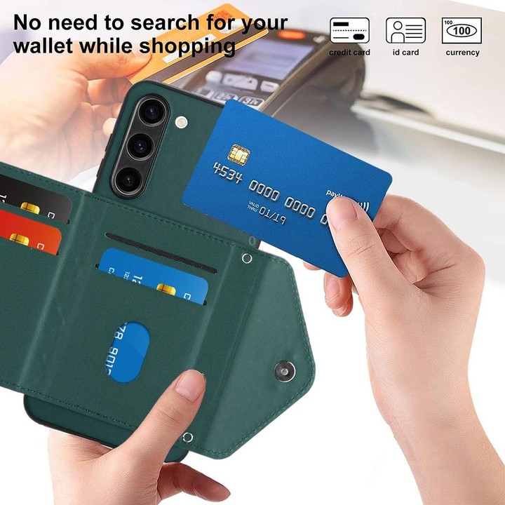 For Samsung Galaxy S23+ 5G Rhombic Texture Card Bag RFID Phone Case with Long Lanyard(Green)