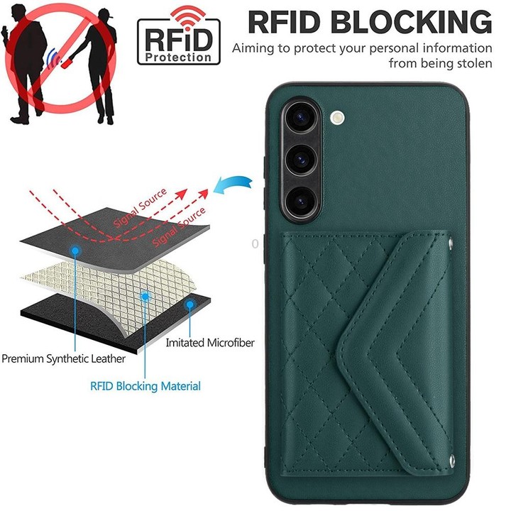 For Samsung Galaxy S23+ 5G Rhombic Texture Card Bag RFID Phone Case with Long Lanyard(Green)