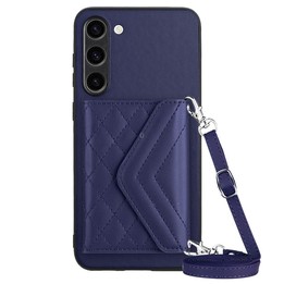 For Samsung Galaxy S23+ 5G Rhombic Texture Card Bag RFID Phone Case with Long Lanyard(Blue)