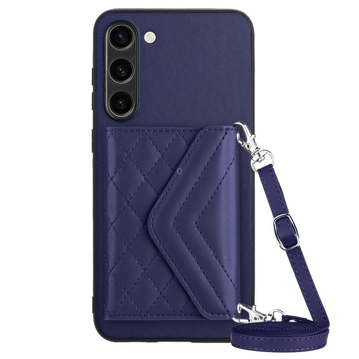 For Samsung Galaxy S23+ 5G Rhombic Texture Card Bag RFID Phone Case with Long Lanyard(Blue)