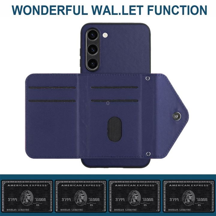 For Samsung Galaxy S23+ 5G Rhombic Texture Card Bag RFID Phone Case with Long Lanyard(Blue)