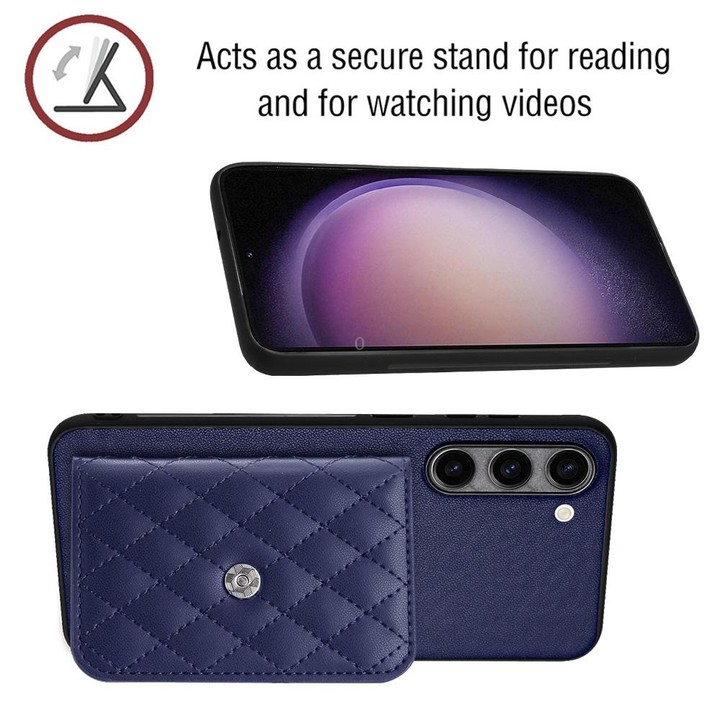 For Samsung Galaxy S23+ 5G Rhombic Texture Card Bag RFID Phone Case with Long Lanyard(Blue)