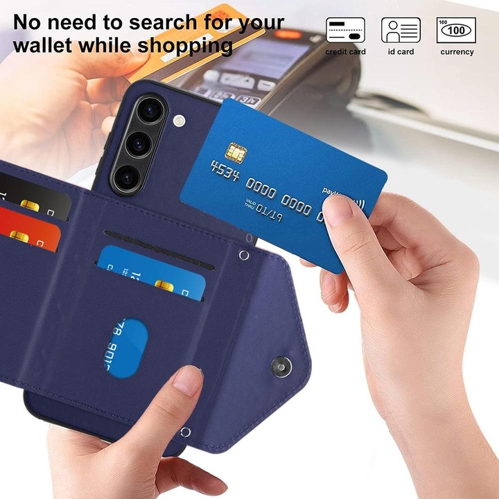 For Samsung Galaxy S23+ 5G Rhombic Texture Card Bag RFID Phone Case with Long Lanyard(Blue)