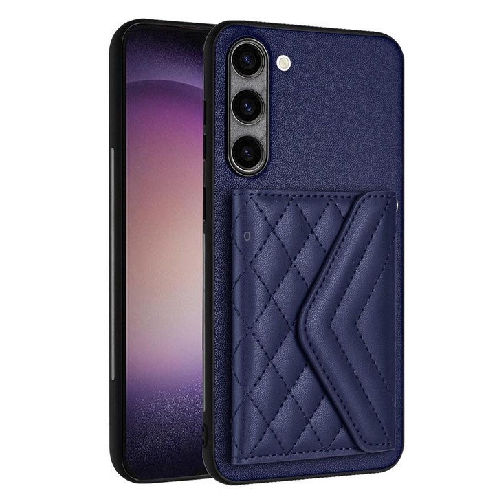 For Samsung Galaxy S23+ 5G Rhombic Texture Card Bag RFID Phone Case with Long Lanyard(Blue)