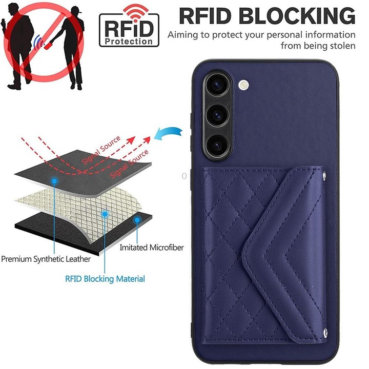 For Samsung Galaxy S23+ 5G Rhombic Texture Card Bag RFID Phone Case with Long Lanyard(Blue)