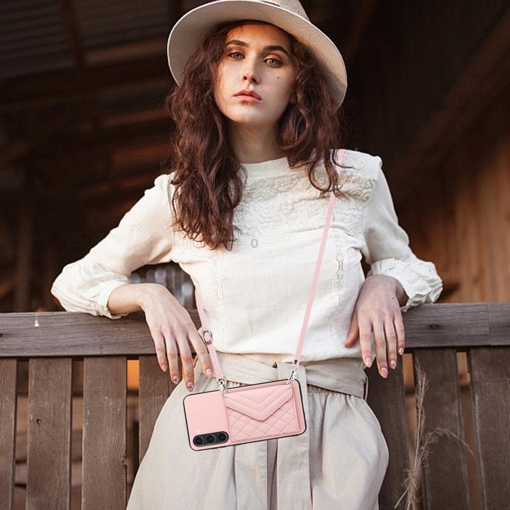 For Samsung Galaxy S23+ 5G Rhombic Texture Card Bag RFID Phone Case with Long Lanyard(Rose Gold)