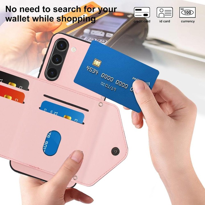 For Samsung Galaxy S23+ 5G Rhombic Texture Card Bag RFID Phone Case with Long Lanyard(Rose Gold)
