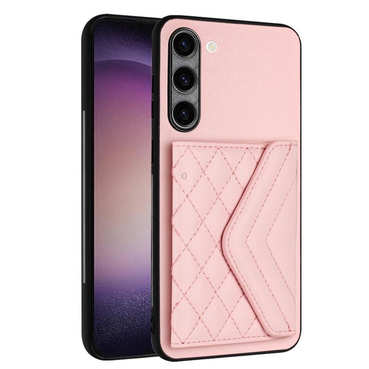 For Samsung Galaxy S23+ 5G Rhombic Texture Card Bag RFID Phone Case with Long Lanyard(Rose Gold)