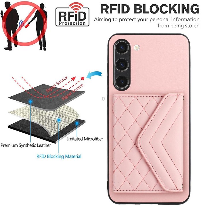 For Samsung Galaxy S23+ 5G Rhombic Texture Card Bag RFID Phone Case with Long Lanyard(Rose Gold)
