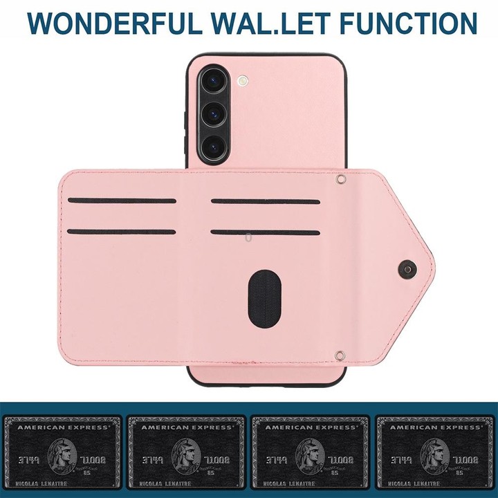 For Samsung Galaxy S23+ 5G Rhombic Texture Card Bag RFID Phone Case with Long Lanyard(Rose Gold)