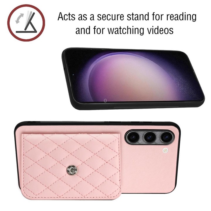 For Samsung Galaxy S23+ 5G Rhombic Texture Card Bag RFID Phone Case with Long Lanyard(Rose Gold)