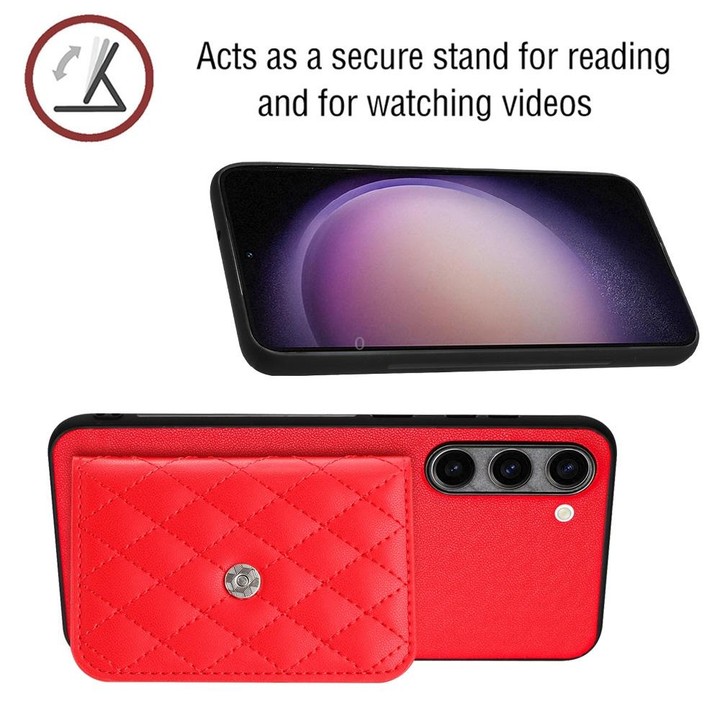 For Samsung Galaxy S23+ 5G Rhombic Texture Card Bag RFID Phone Case with Long Lanyard(Red)