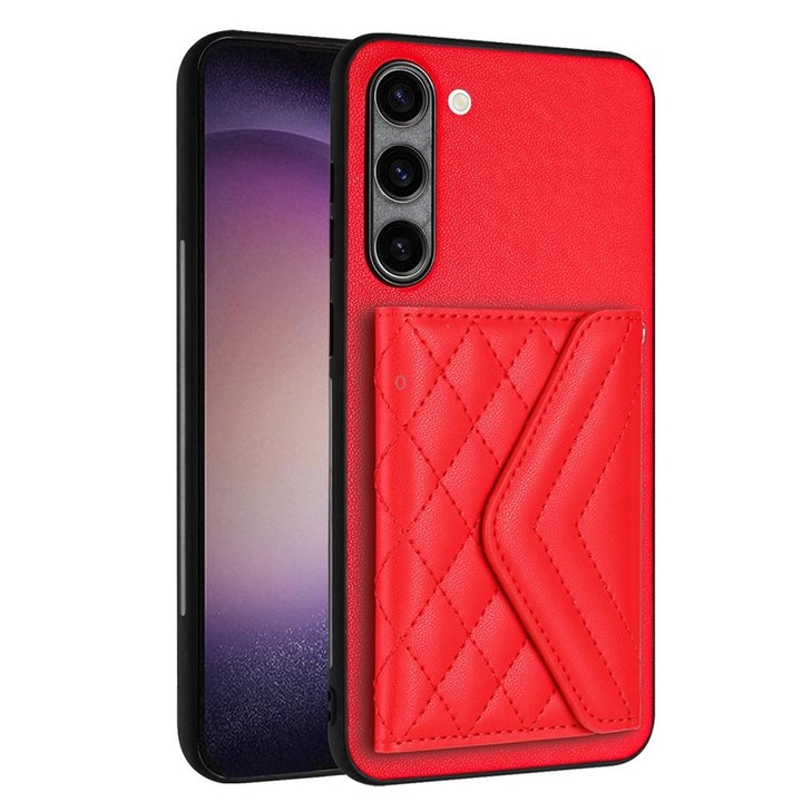 For Samsung Galaxy S23+ 5G Rhombic Texture Card Bag RFID Phone Case with Long Lanyard(Red)
