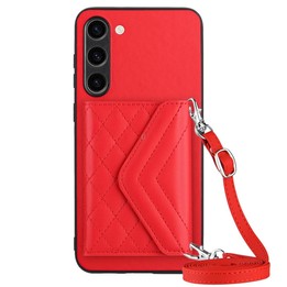 For Samsung Galaxy S23+ 5G Rhombic Texture Card Bag RFID Phone Case with Long Lanyard(Red)