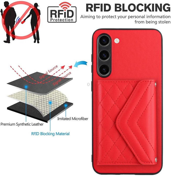 For Samsung Galaxy S23+ 5G Rhombic Texture Card Bag RFID Phone Case with Long Lanyard(Red)