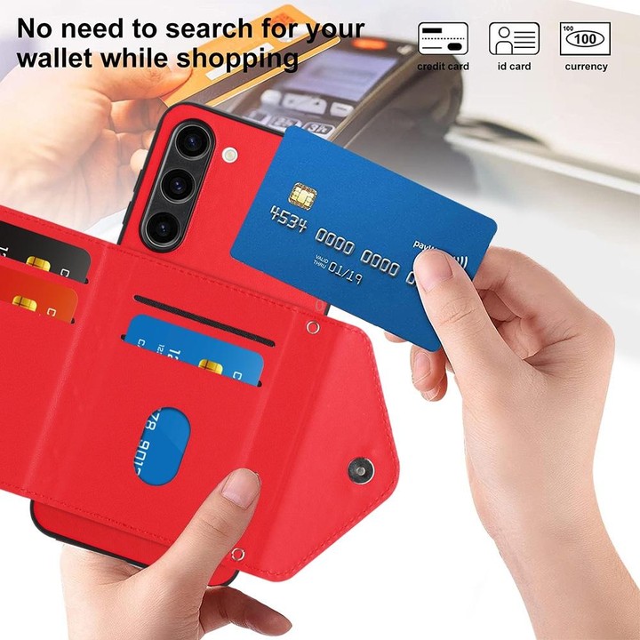 For Samsung Galaxy S23+ 5G Rhombic Texture Card Bag RFID Phone Case with Long Lanyard(Red)