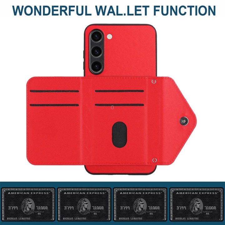 For Samsung Galaxy S23+ 5G Rhombic Texture Card Bag RFID Phone Case with Long Lanyard(Red)
