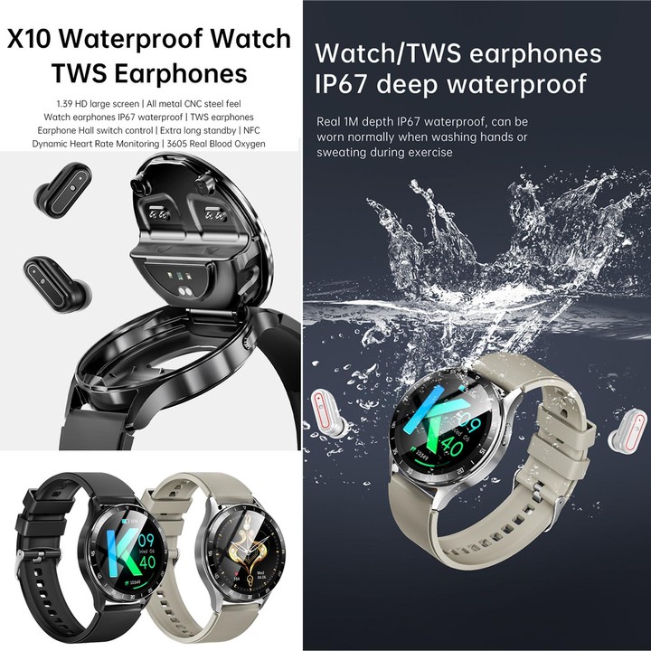 X10 Headphones Smart Watch 1.39 inch Waterproof Bracelet, Support Bluetooth Call / NFC / Heart Rate(Black + Leather)
