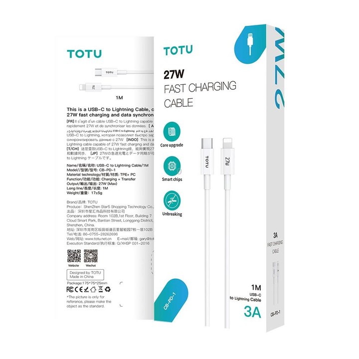 TOTU CB-1-T 25W USB to USB-C/Type-C Data Cable, Length: 1m(White)
