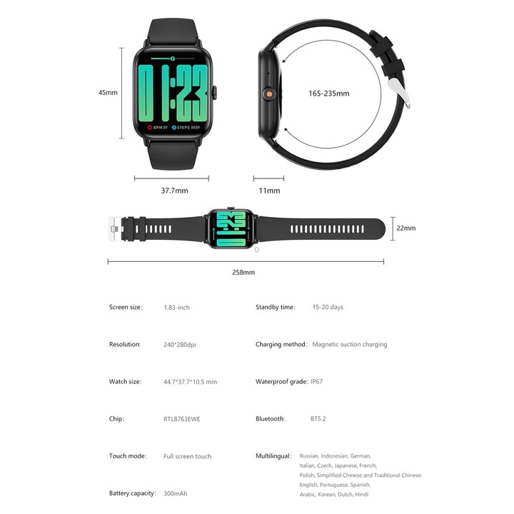 QS13 1.83 inch BT5.2 Smart Sport Watch, Support Bluetooth Call / Sleep / Blood Sugar / Blood Oxygen / Heart Rate / Blood Pressur