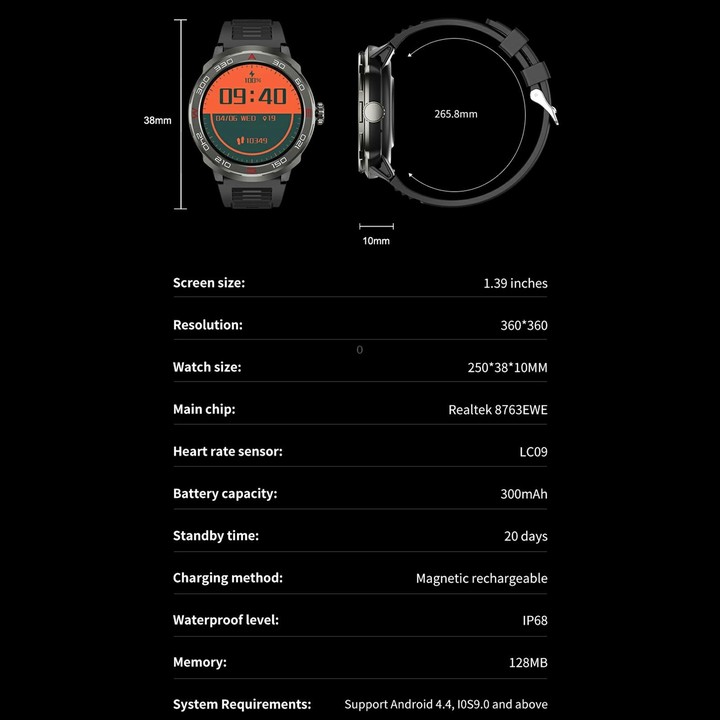 QS90 1.39 inch BT5.0 Smart Sport Watch, Support Bluetooth Call / Sleep / Blood Oxygen / Temperature / Heart Rate / Blood Pressur