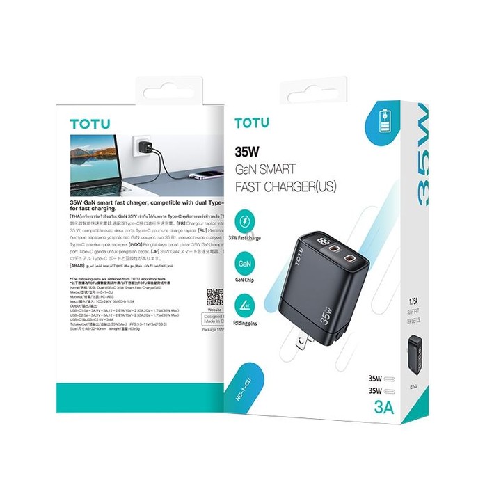 TOTU 35W GaN Dual USB-C/Type-C Smart Digital Display Charger, Plug:US Plug(Black)