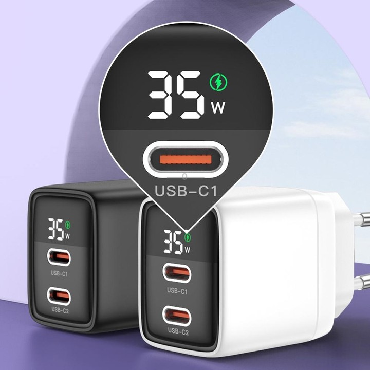 TOTU 35W GaN Dual USB-C/Type-C Smart Digital Display Charger, Plug:EU Plug(White)