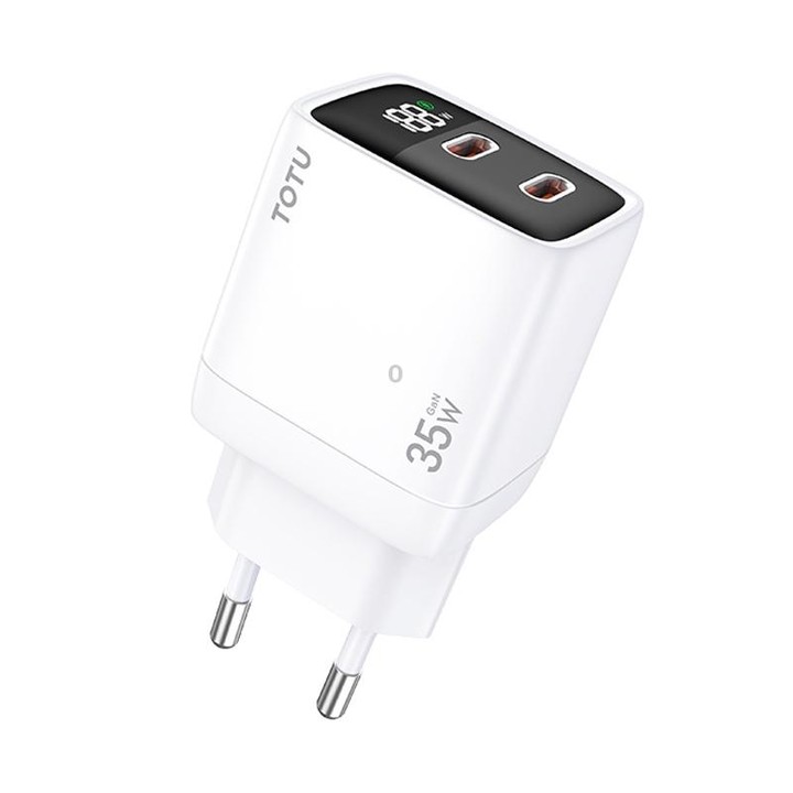 TOTU 35W GaN Dual USB-C/Type-C Smart Digital Display Charger, Plug:EU Plug(White)