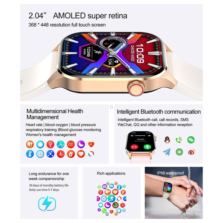 T98 2.04 inch IP68 Waterproof Bluetooth Call Smart Watch, Support Blood Oxygen Monitoring(Pink)