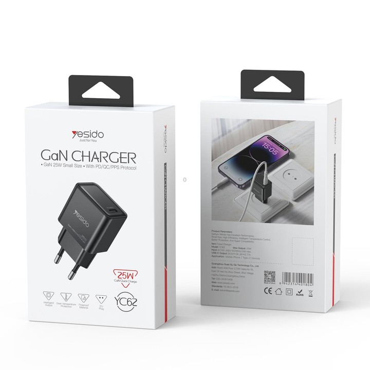 Yesido YC62 PD 25W USB-C/Type-C Interface GaN Fast Charging Charger(EU Plug)