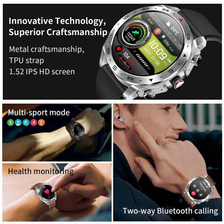 LEMFO T95 1.52 inch IPS Screen 2 in 1 Bluetooth Earphone Smart Watch Support Health Monitoring(Black)
