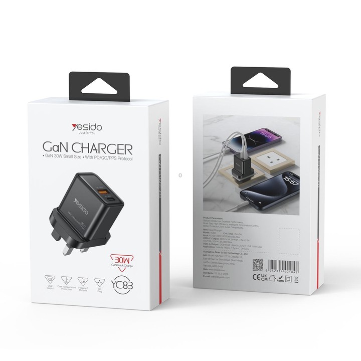 Yesido YC83 PD 30W USB-C/Type-C+USB Interface GaN Fast Charging Charger(UK Plug)