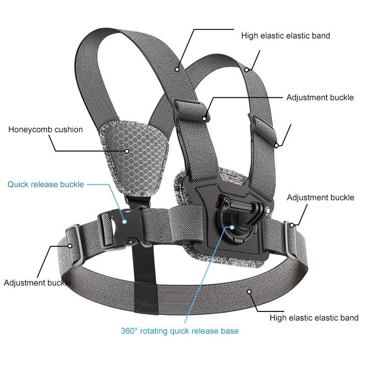 6 in 1 360 Phone Clamp Adjustable Body Mount Belt Chest Strap with Mount & Screw(Grey)