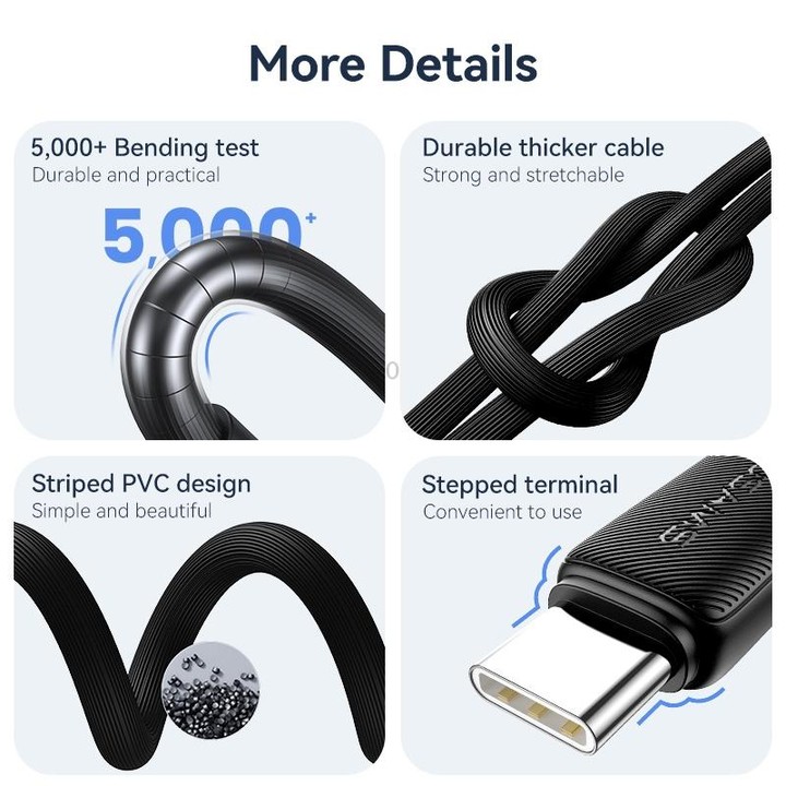USAMS US-SJ688 USB to USB-C / Type-C 3A Striped Fast Charge Data Cable, Length:1m(Black)