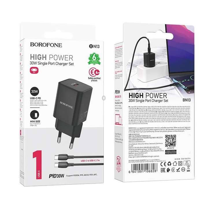 BOROFONE BN13 PD30W Type-C Charger with 1m Type-C to Type-C Cable, EU Plug(Black)
