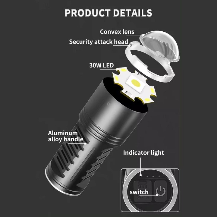 S2302 30W 1600LM High Power Telescopic Zoom Flashlight(Black)