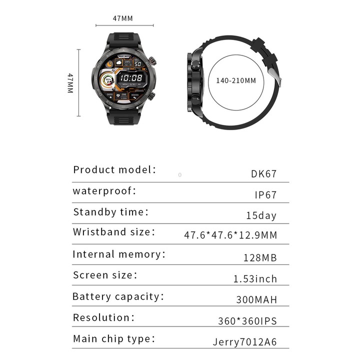 DK67 1.53 inch IP67 BT 5.0 Fitness Sport Smart Watch, Support Bluetooth Call / Sleep / Blood Oxygen / Heart Rate / Blood Pressur