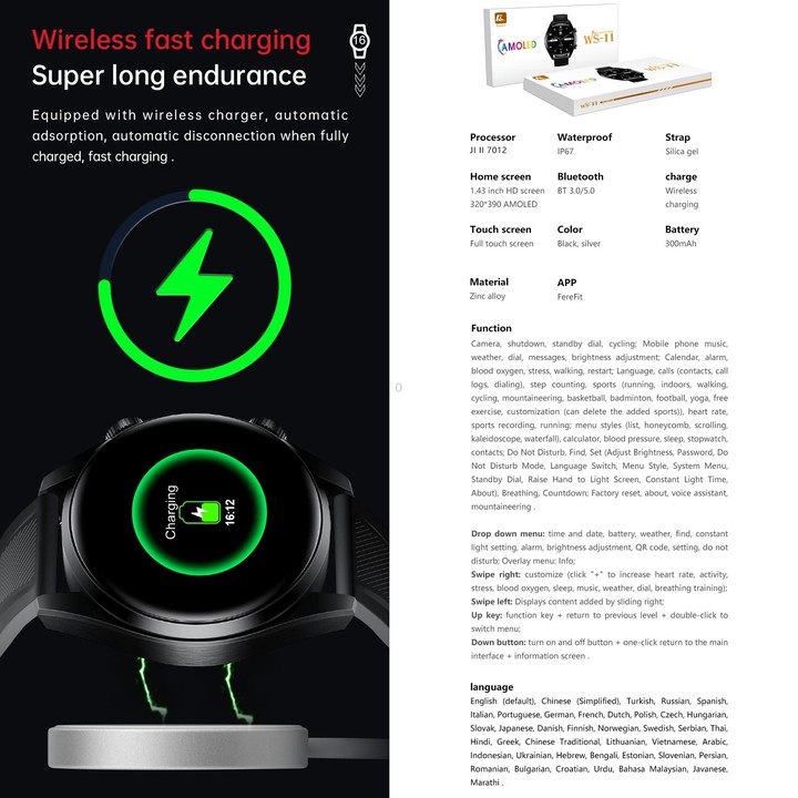 WS-11 1.43 inch IP67 Sport Smart Watch, Support Bluetooth Call / Sleep / Blood Oxygen / Heart Rate / Blood Pressure Health Monit