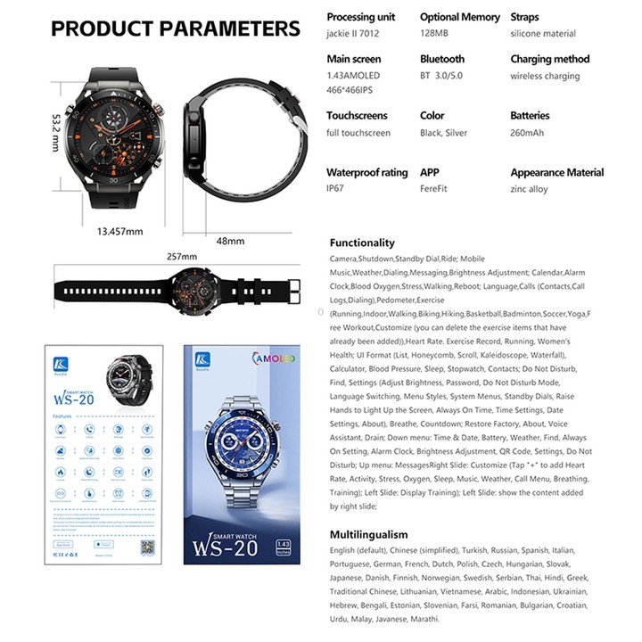 WS-20 1.43 inch IP67 Sport Smart Watch Support Bluetooth Call / Sleep / Blood Oxygen / Heart Rate / Blood Pressure Health Monito
