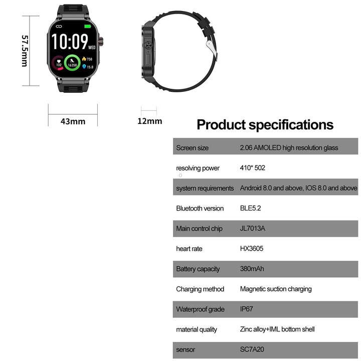 G40S 2.06 inch IP67 BT5.2 Sport Smart Watch, Support Bluetooth Call / Sleep / Blood Oxygen / Heart Rate / Blood Pressure Health